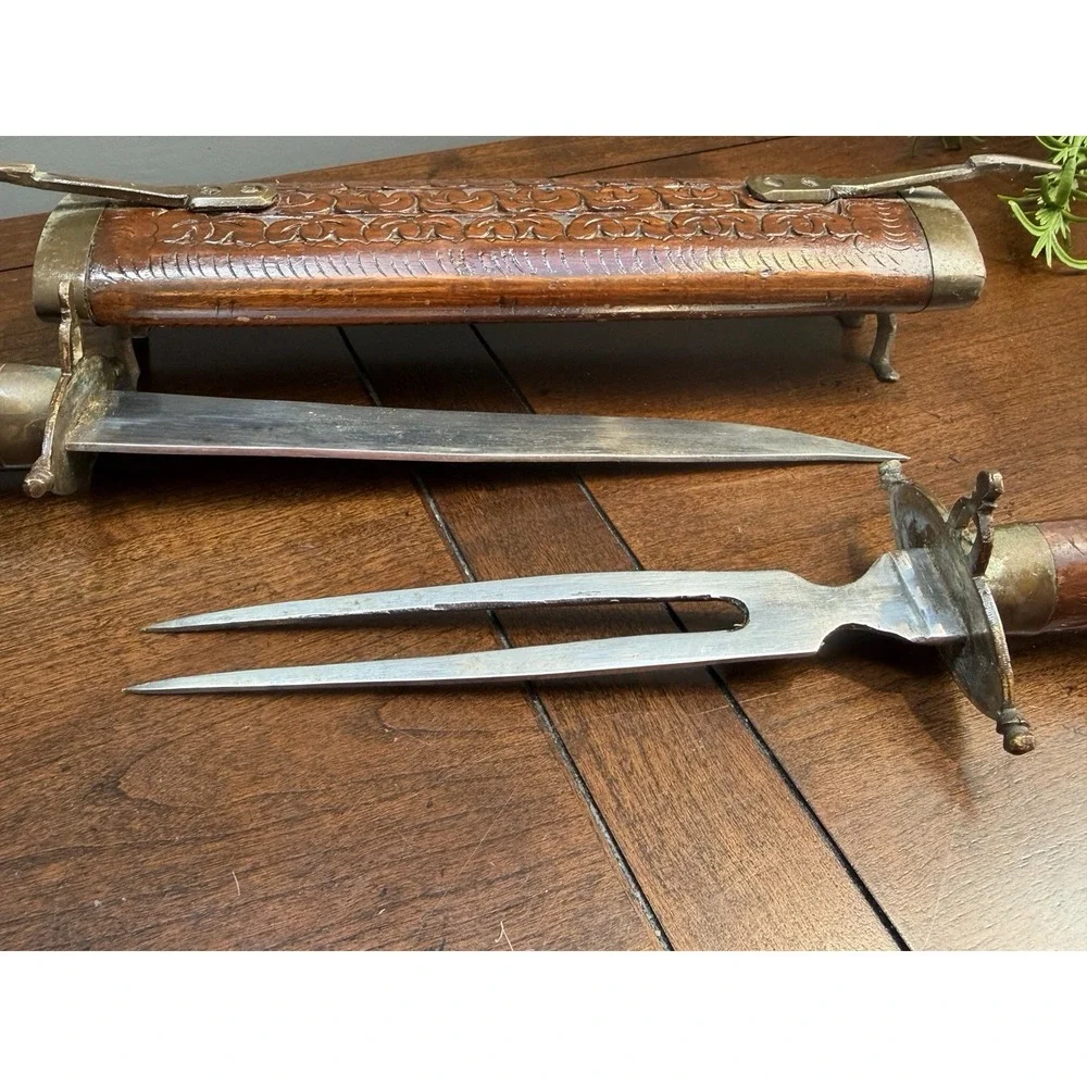 Vtg East India Knife & Fork Carving Set Brass Accents Carved Wood Handles